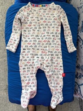 Magnetic Me White Footed One-Piece with Red, Blue & Yellow Vehicle Print